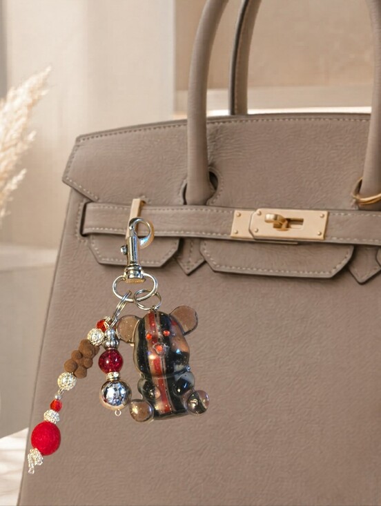 Hand Crafted Accessories - Hand Crafted Glass Bear Key & Card Holder with Black, Red & Brown Accents